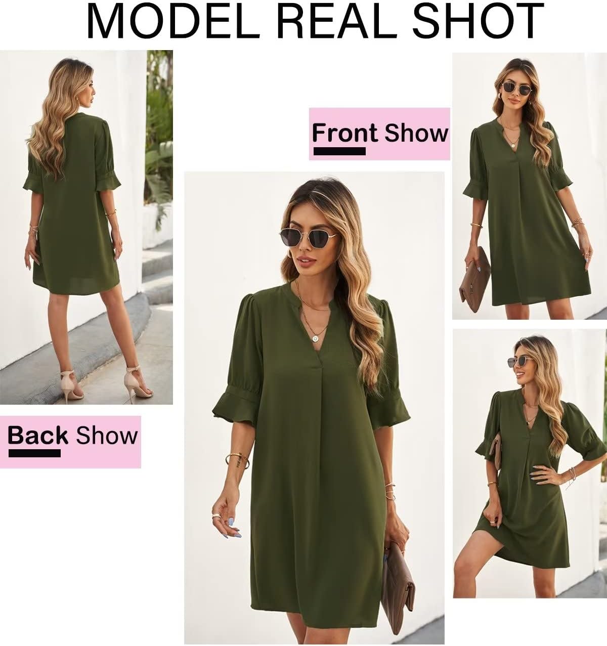 Wkior Shift Dress for Women V Neck Short Sleeves Solid Color Flowy Casual Summer Dresses(S-2XL)
