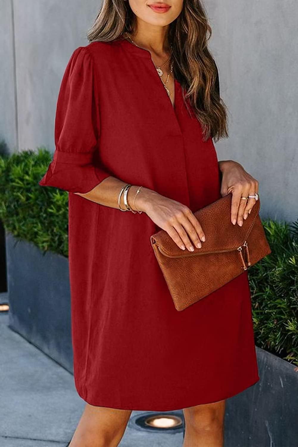 Wkior Shift Dress for Women V Neck Short Sleeves Solid Color Flowy Casual Summer Dresses(S-2XL)