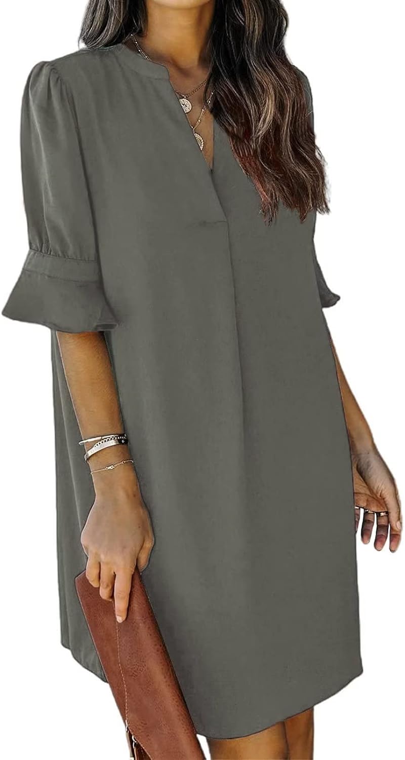 Wkior Shift Dress for Women V Neck Short Sleeves Solid Color Flowy Casual Summer Dresses(S-2XL)