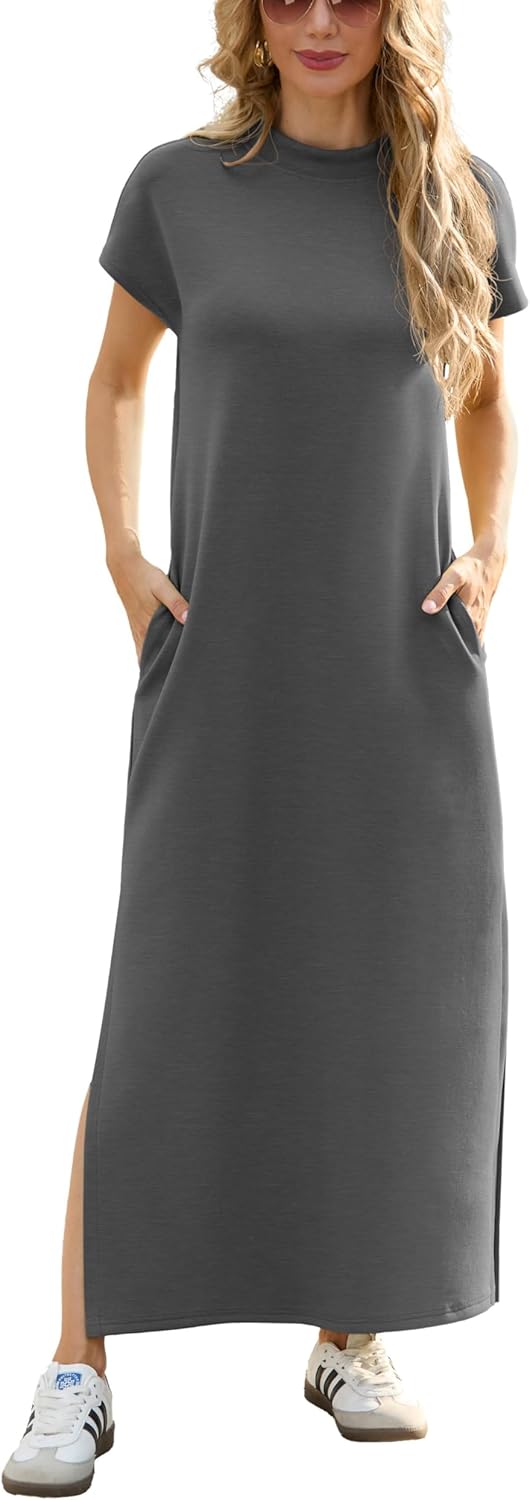 Women Casual Loose Split Wrinkle-Free Long Maxi Dress with Pockets