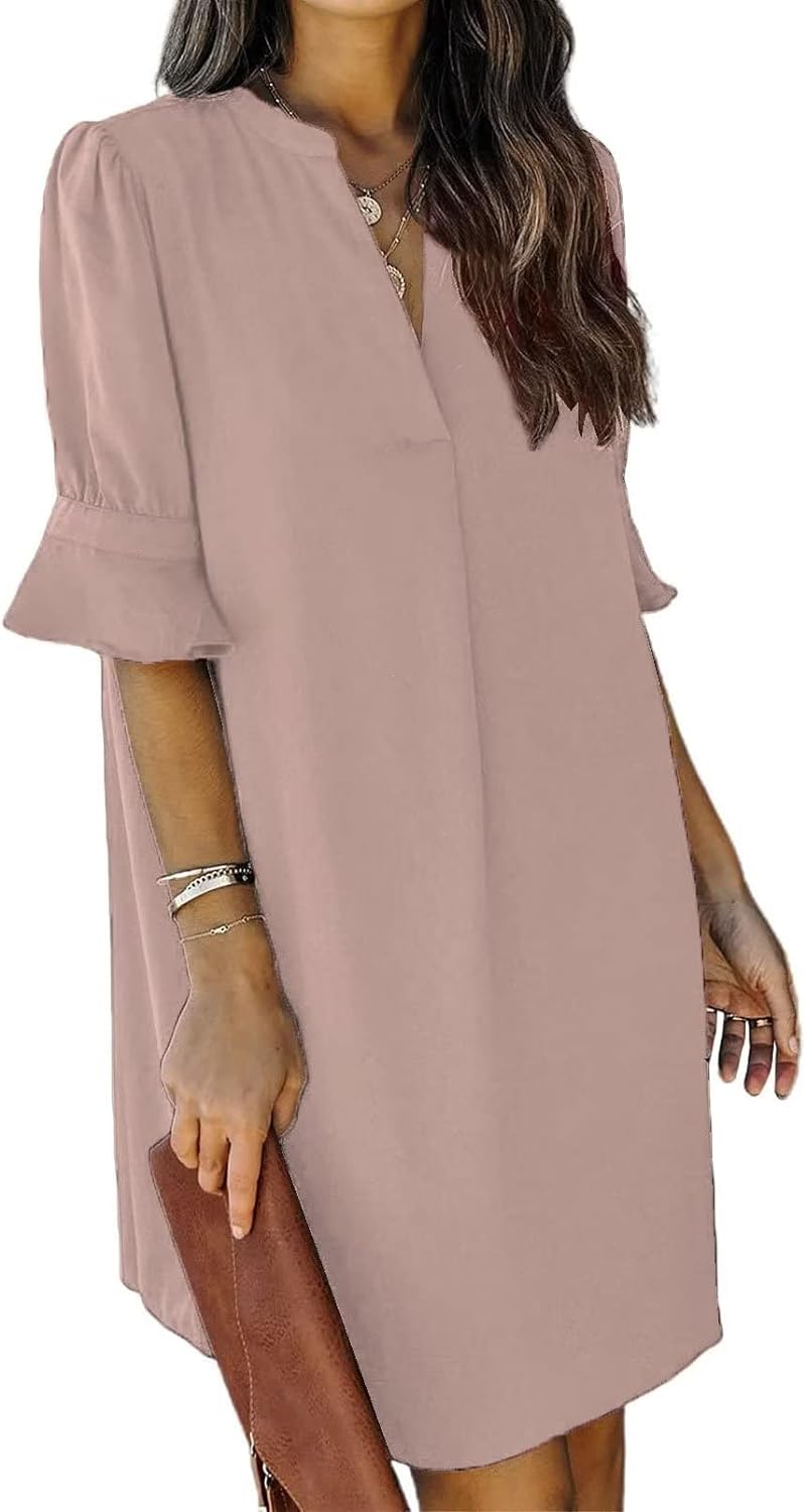 Wkior Shift Dress for Women V Neck Short Sleeves Solid Color Flowy Casual Summer Dresses(S-2XL)
