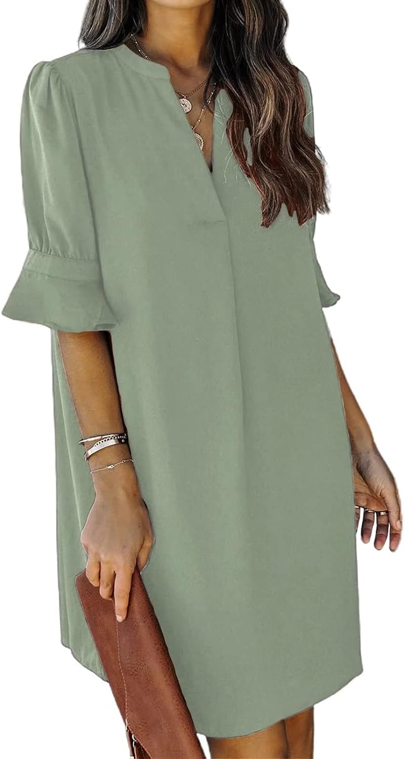 Wkior Shift Dress for Women V Neck Short Sleeves Solid Color Flowy Casual Summer Dresses(S-2XL)