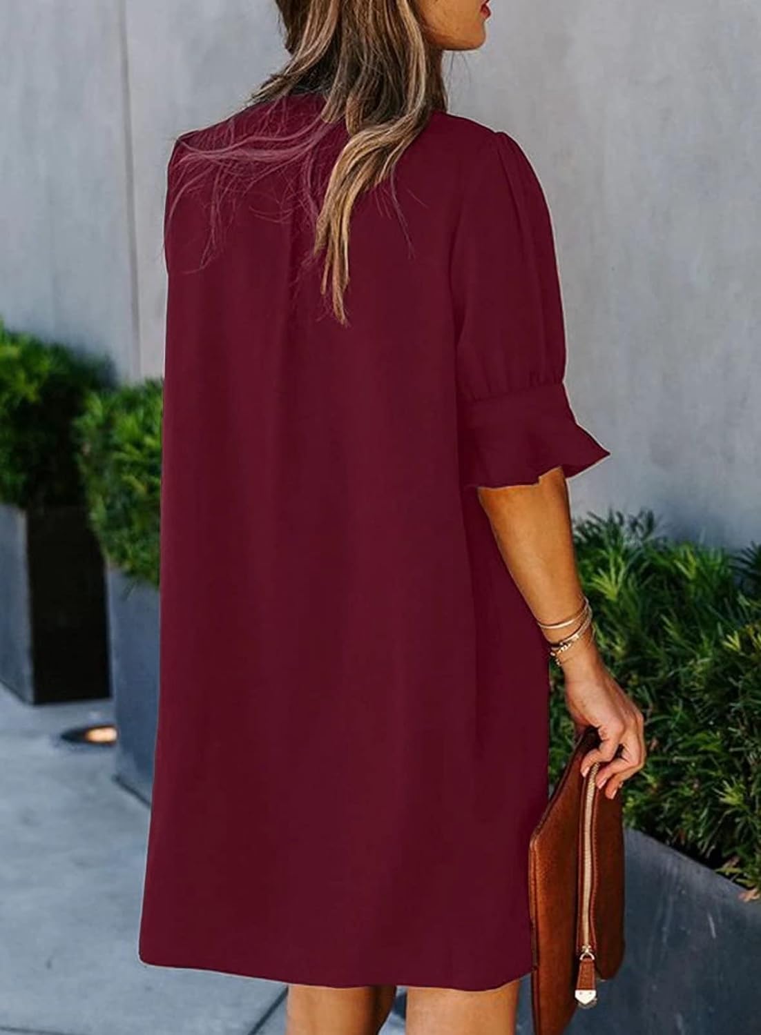 Wkior Shift Dress for Women V Neck Short Sleeves Solid Color Flowy Casual Summer Dresses(S-2XL)