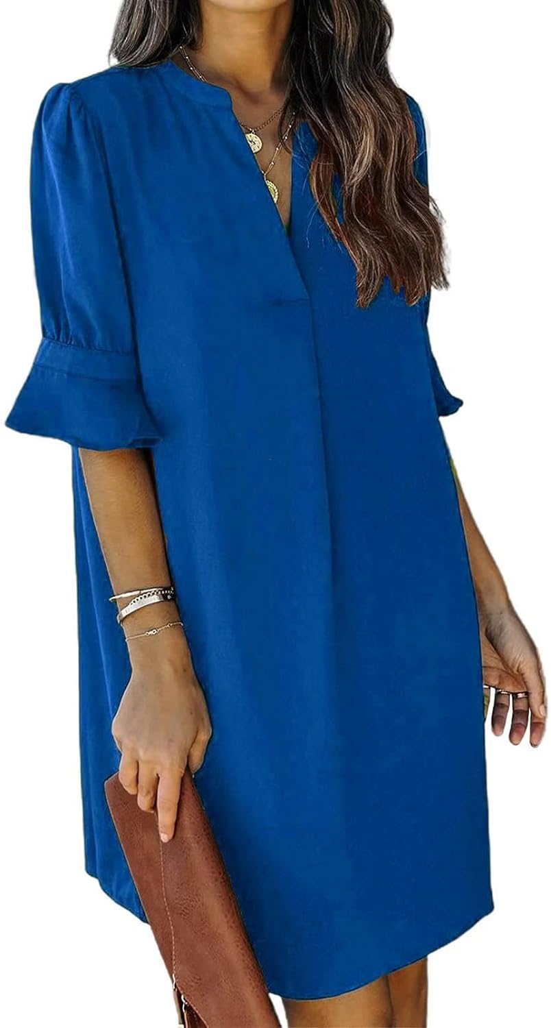 Wkior Shift Dress for Women V Neck Short Sleeves Solid Color Flowy Casual Summer Dresses(S-2XL)