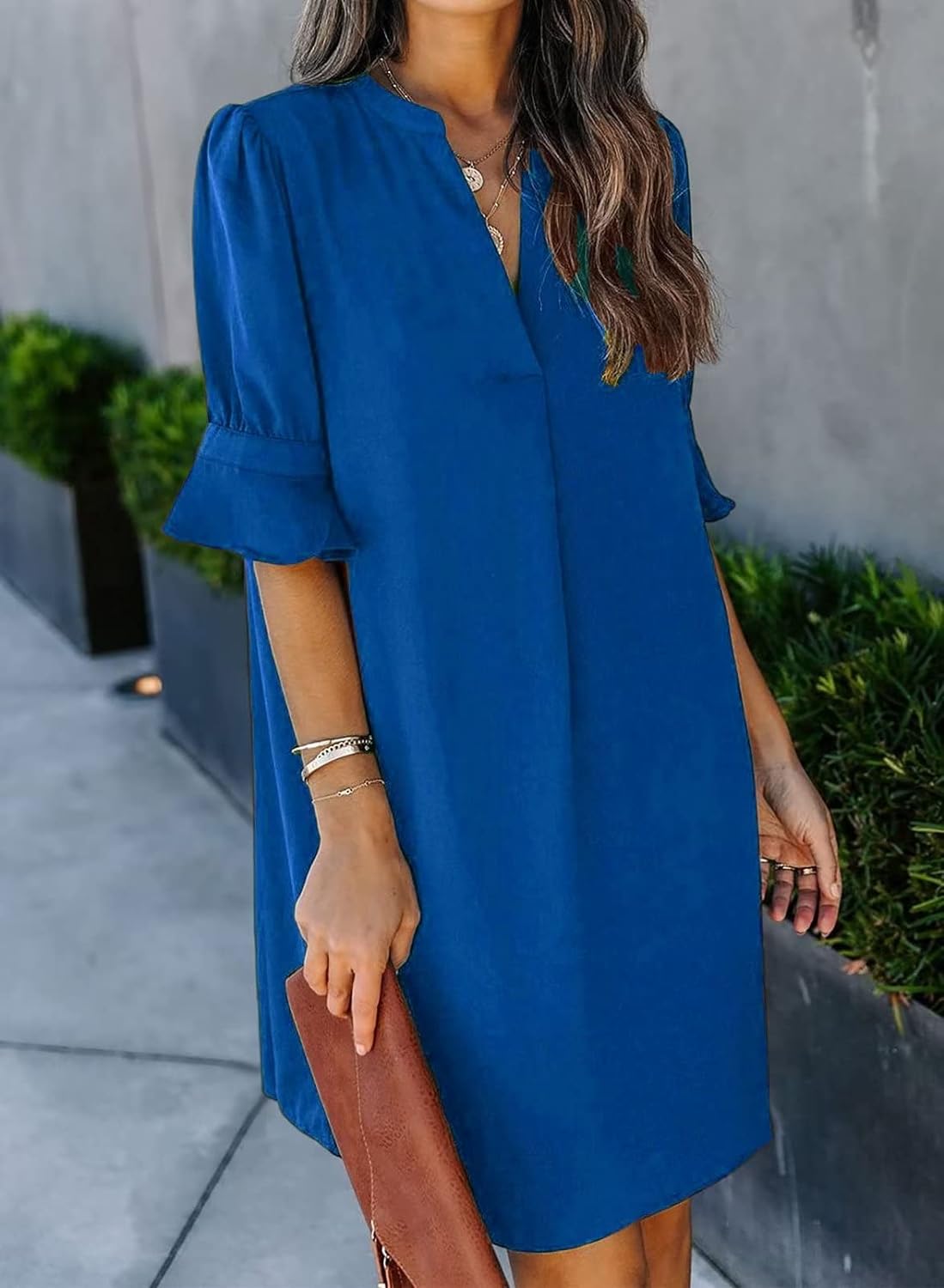 Wkior Shift Dress for Women V Neck Short Sleeves Solid Color Flowy Casual Summer Dresses(S-2XL)