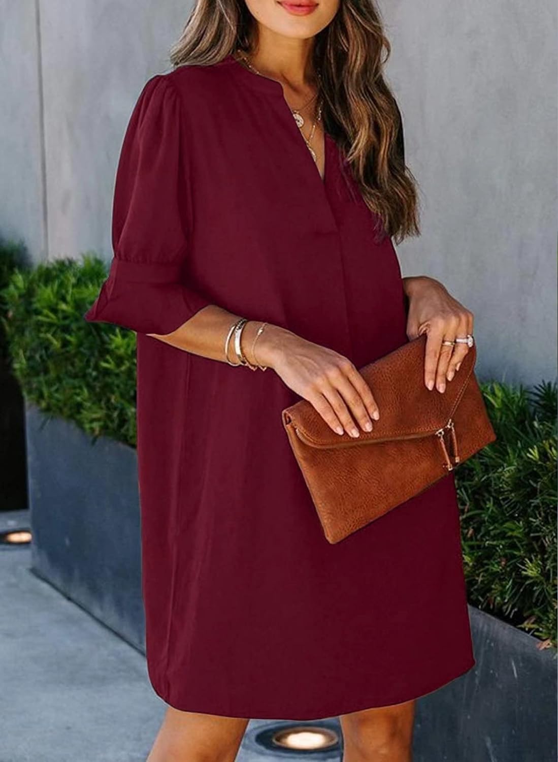 Wkior Shift Dress for Women V Neck Short Sleeves Solid Color Flowy Casual Summer Dresses(S-2XL)