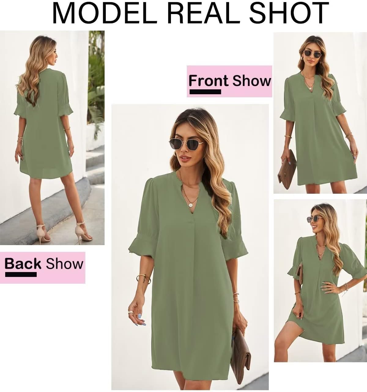 Wkior Shift Dress for Women V Neck Short Sleeves Solid Color Flowy Casual Summer Dresses(S-2XL)
