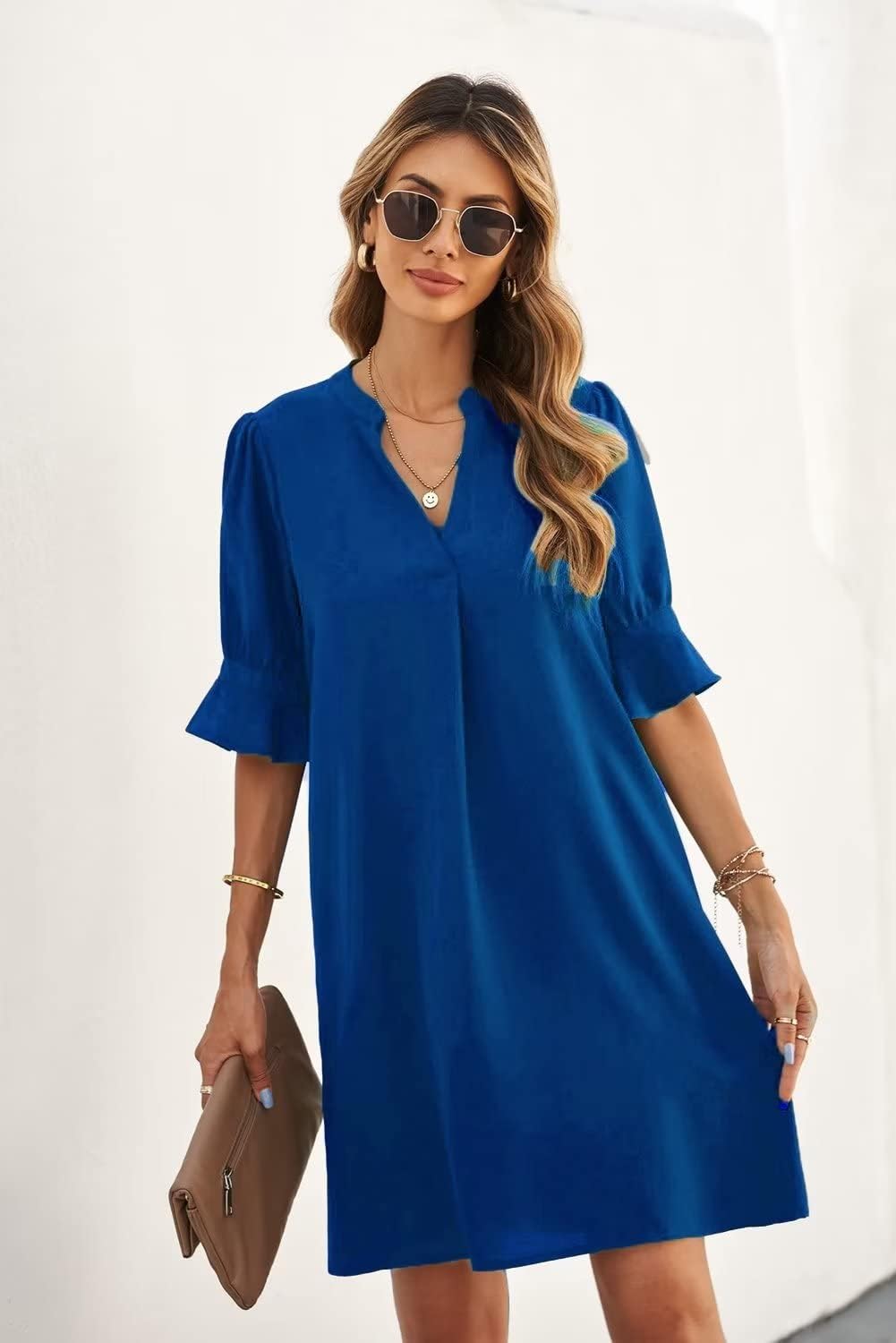 Wkior Shift Dress for Women V Neck Short Sleeves Solid Color Flowy Casual Summer Dresses(S-2XL)