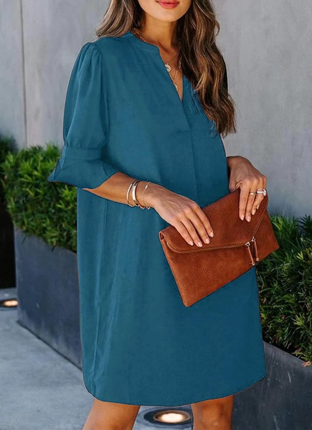 Wkior Shift Dress for Women V Neck Short Sleeves Solid Color Flowy Casual Summer Dresses(S-2XL)