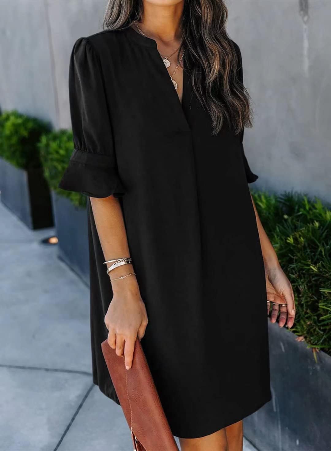 Wkior Shift Dress for Women V Neck Short Sleeves Solid Color Flowy Casual Summer Dresses(S-2XL)