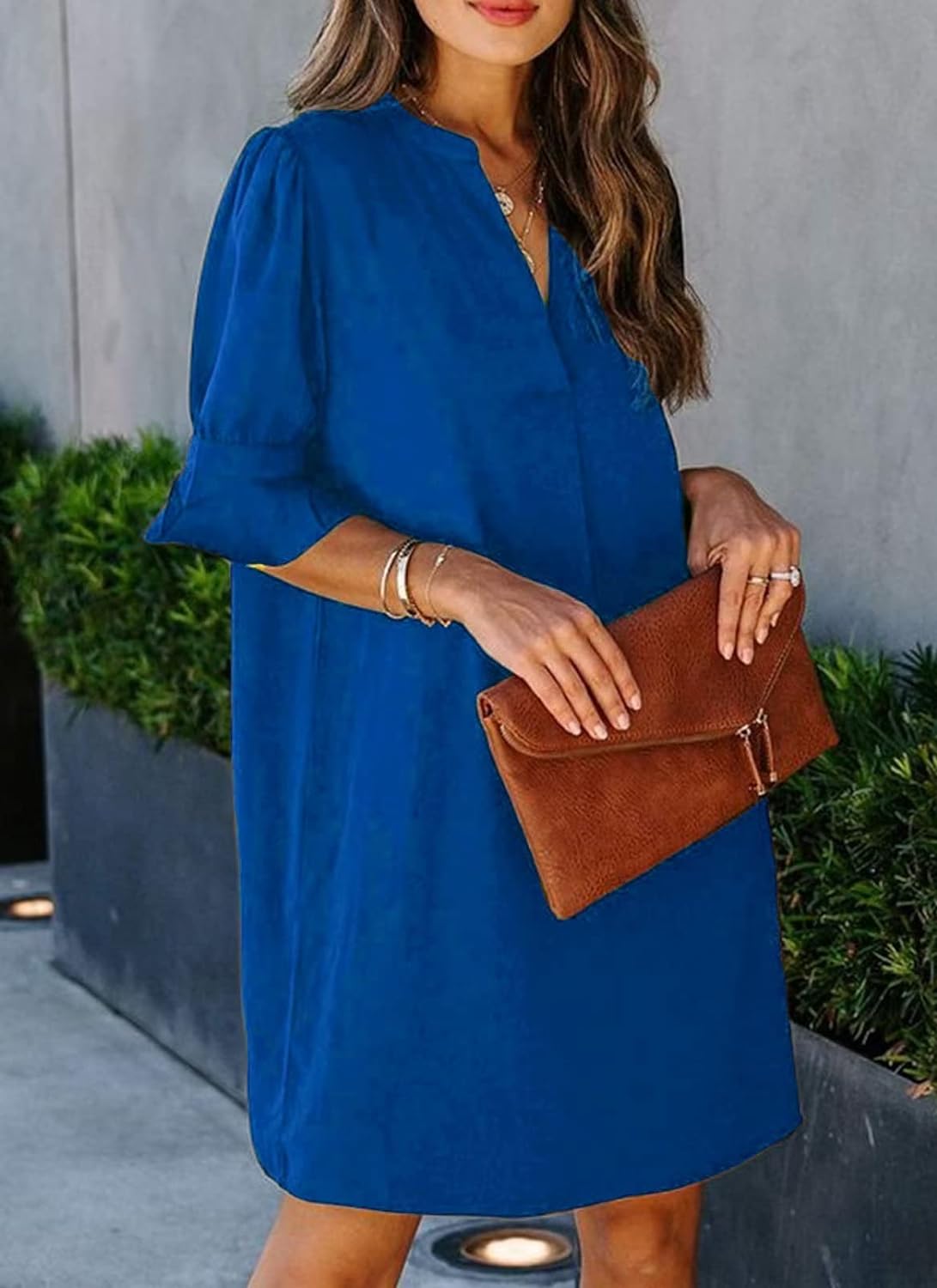 Wkior Shift Dress for Women V Neck Short Sleeves Solid Color Flowy Casual Summer Dresses(S-2XL)