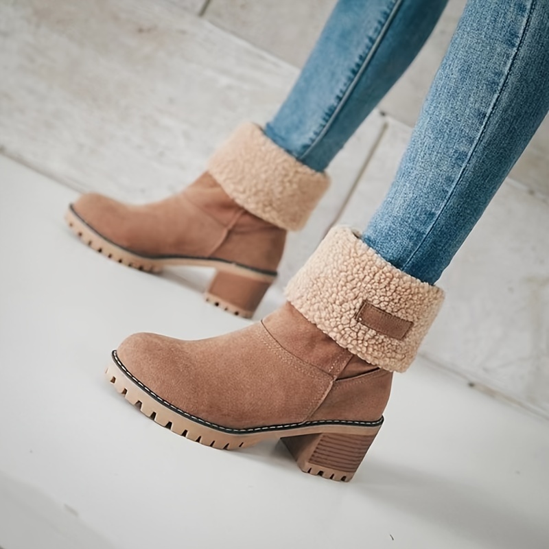 Women's Chunky Heel Slip-On Plush Lined Ankle Boots