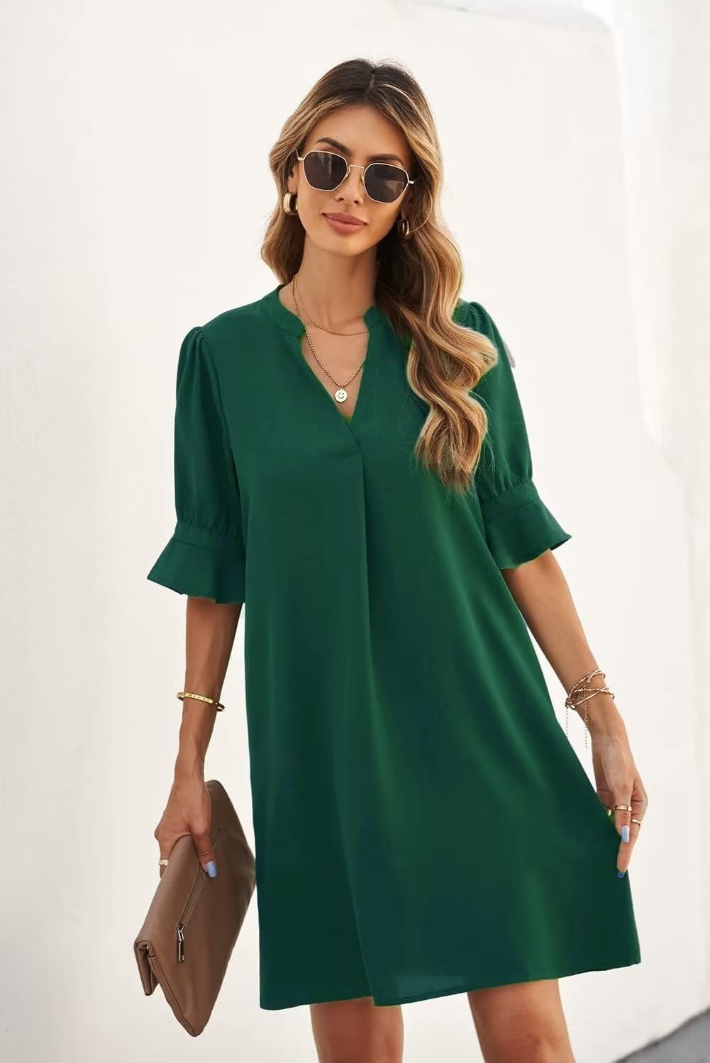 Wkior Shift Dress for Women V Neck Short Sleeves Solid Color Flowy Casual Summer Dresses(S-2XL)