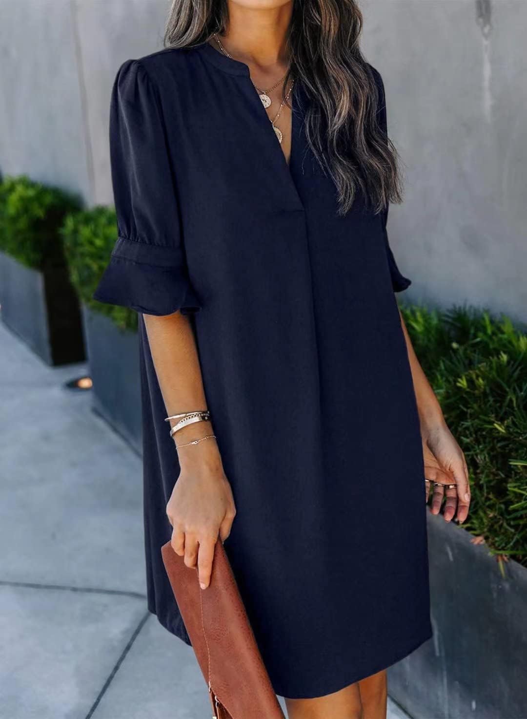 Wkior Shift Dress for Women V Neck Short Sleeves Solid Color Flowy Casual Summer Dresses(S-2XL)
