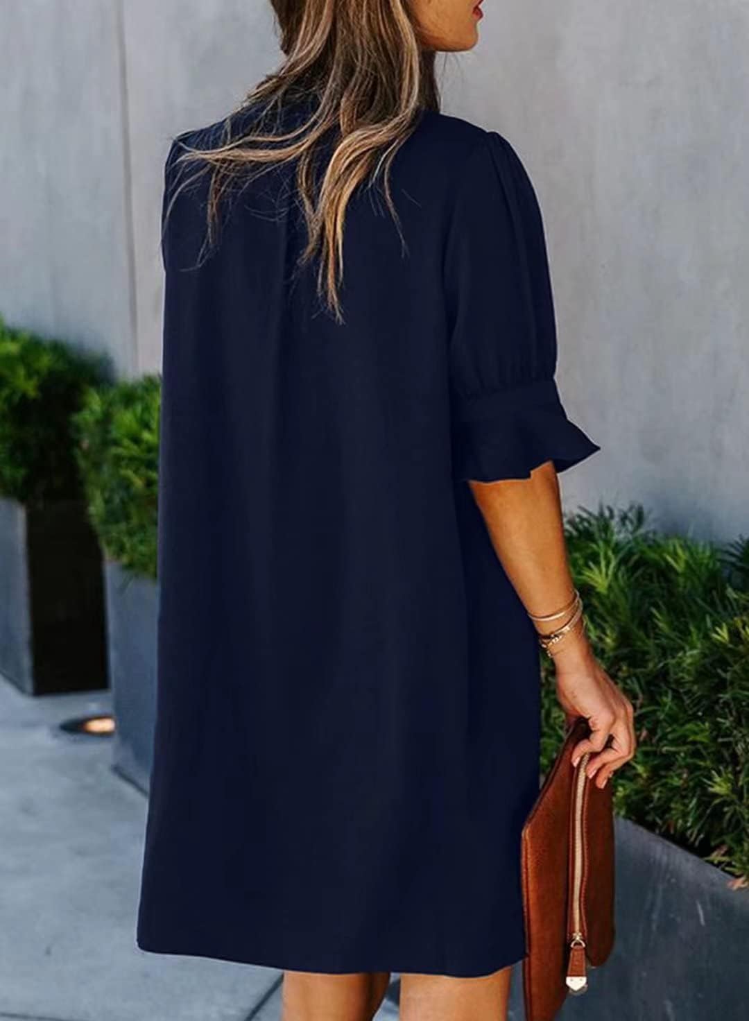 Wkior Shift Dress for Women V Neck Short Sleeves Solid Color Flowy Casual Summer Dresses(S-2XL)