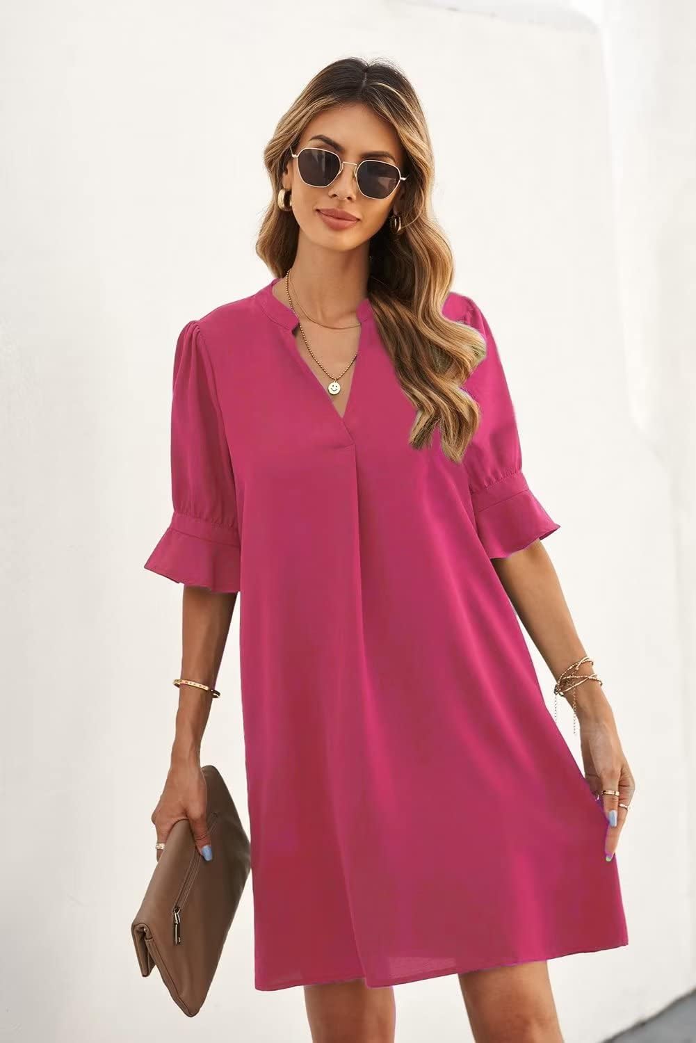 Wkior Shift Dress for Women V Neck Short Sleeves Solid Color Flowy Casual Summer Dresses(S-2XL)