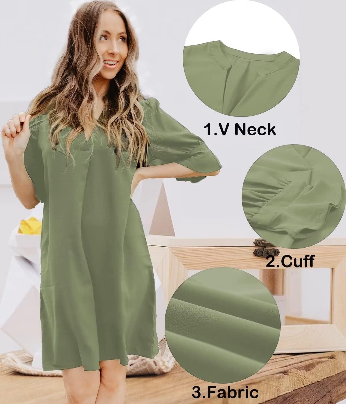 Wkior Shift Dress for Women V Neck Short Sleeves Solid Color Flowy Casual Summer Dresses(S-2XL)