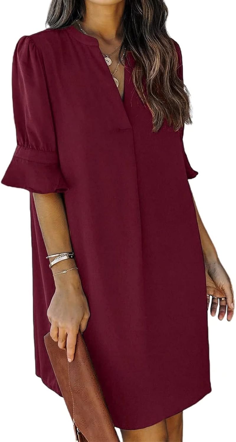 Wkior Shift Dress for Women V Neck Short Sleeves Solid Color Flowy Casual Summer Dresses(S-2XL)