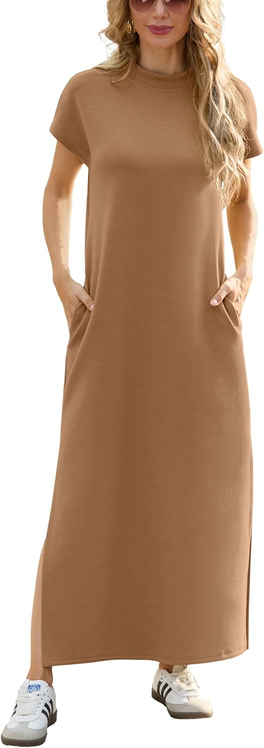 Women Casual Loose Split Wrinkle-Free Long Maxi Dress with Pockets