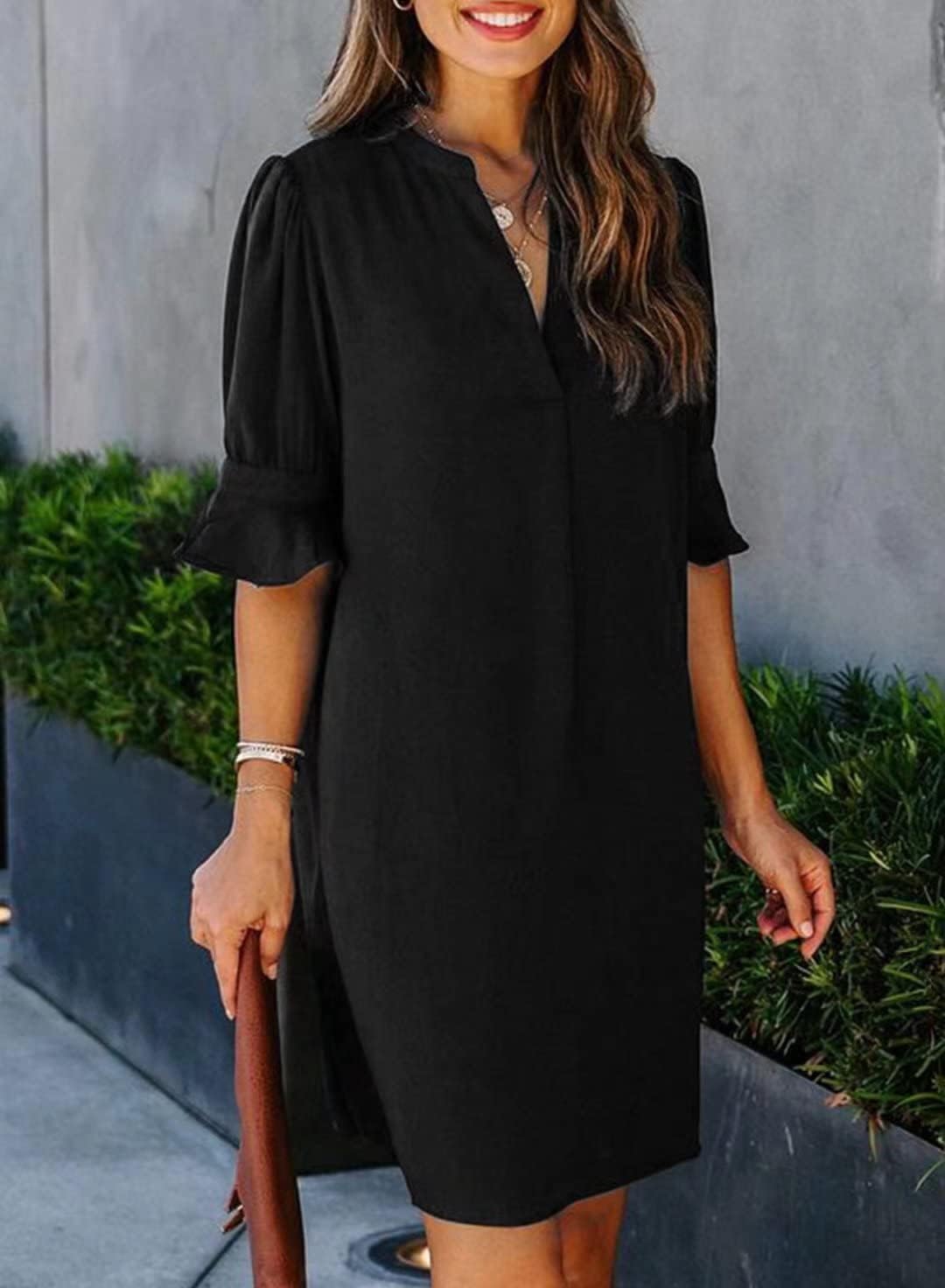 Wkior Shift Dress for Women V Neck Short Sleeves Solid Color Flowy Casual Summer Dresses(S-2XL)