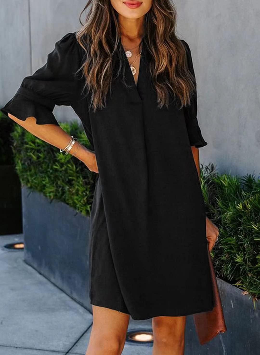 Wkior Shift Dress for Women V Neck Short Sleeves Solid Color Flowy Casual Summer Dresses(S-2XL)