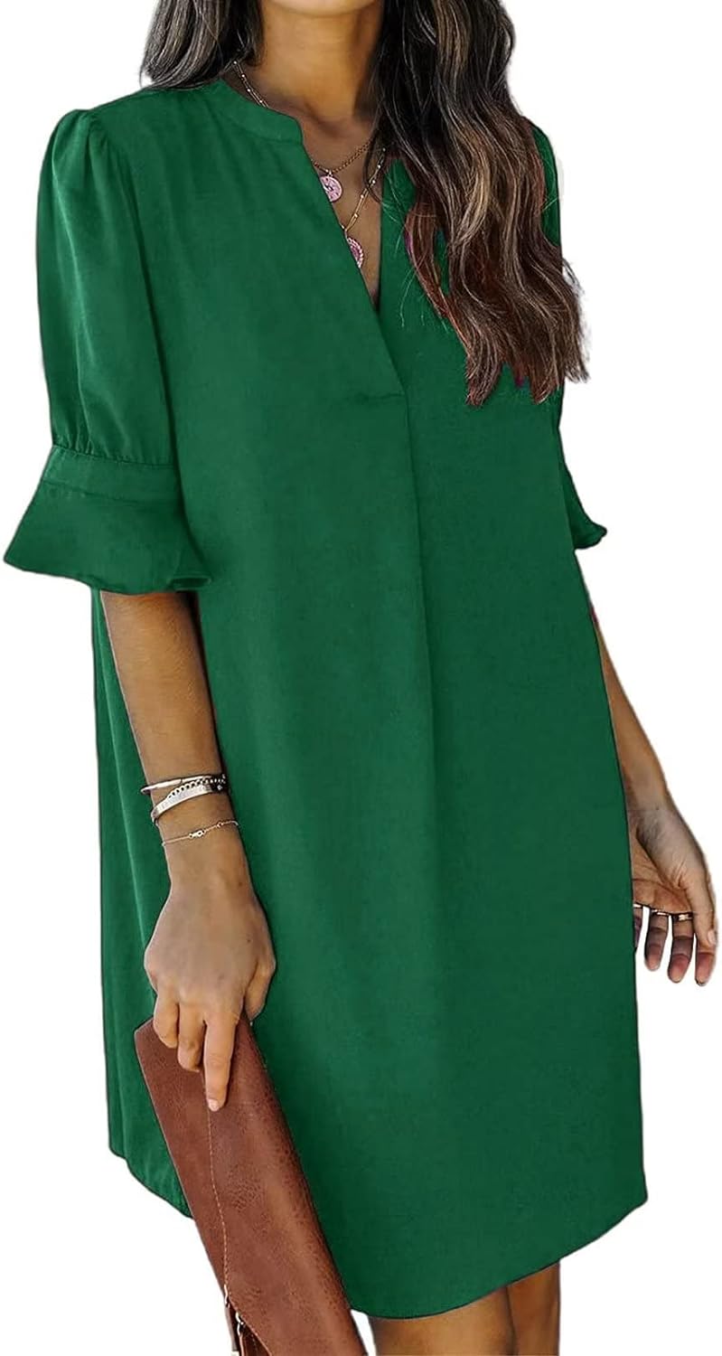 Wkior Shift Dress for Women V Neck Short Sleeves Solid Color Flowy Casual Summer Dresses(S-2XL)
