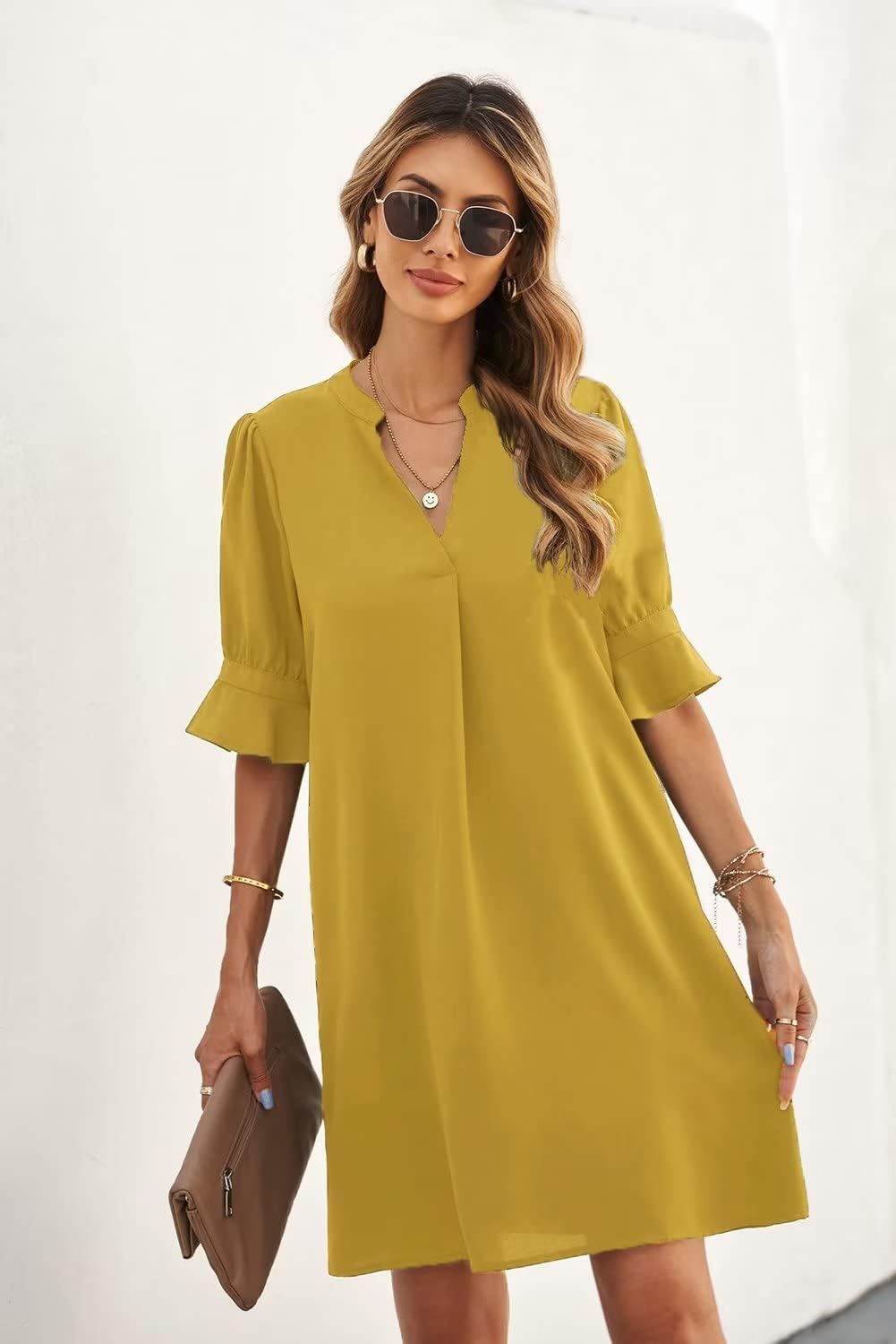 Wkior Shift Dress for Women V Neck Short Sleeves Solid Color Flowy Casual Summer Dresses(S-2XL)