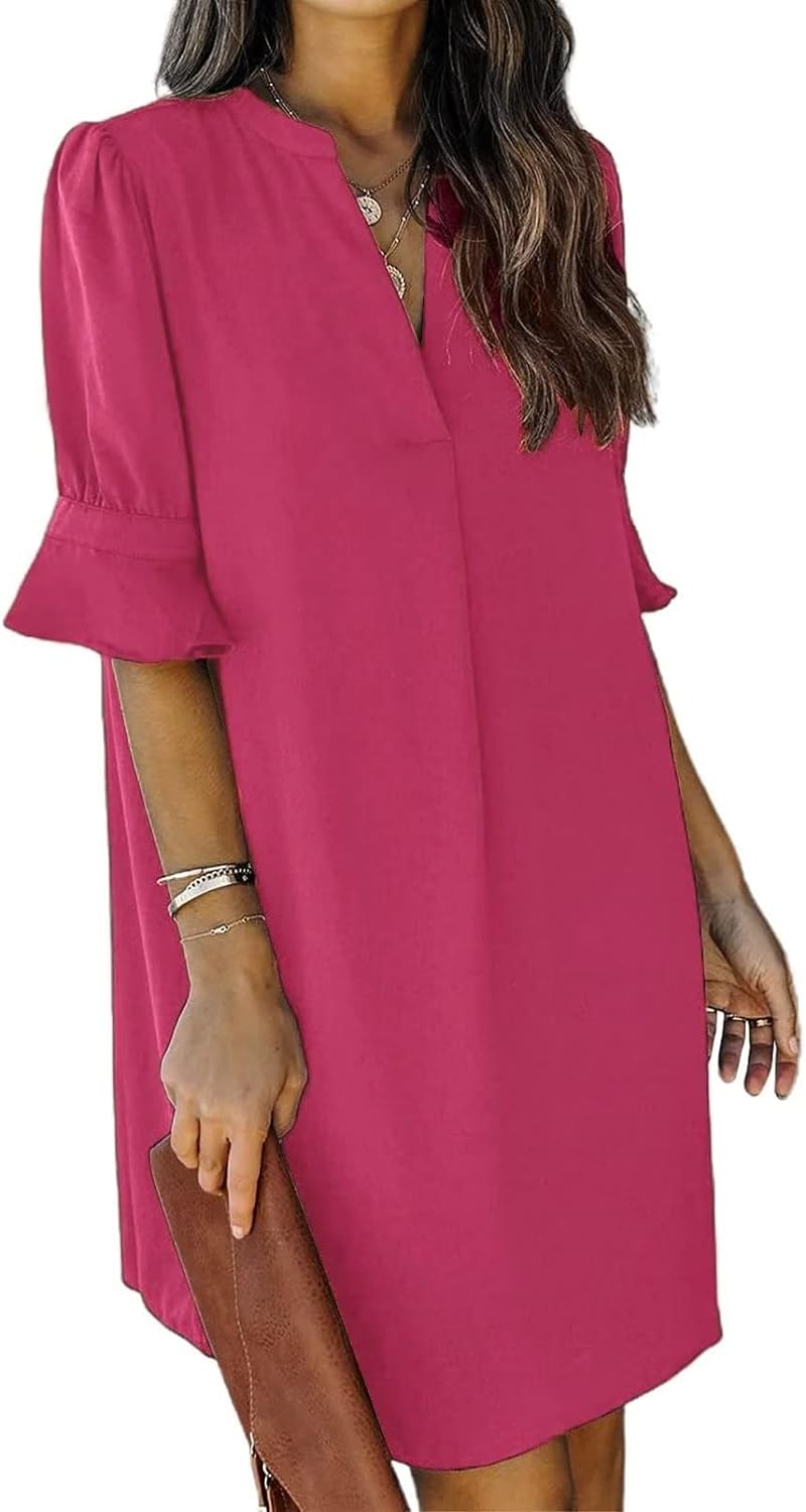 Wkior Shift Dress for Women V Neck Short Sleeves Solid Color Flowy Casual Summer Dresses(S-2XL)
