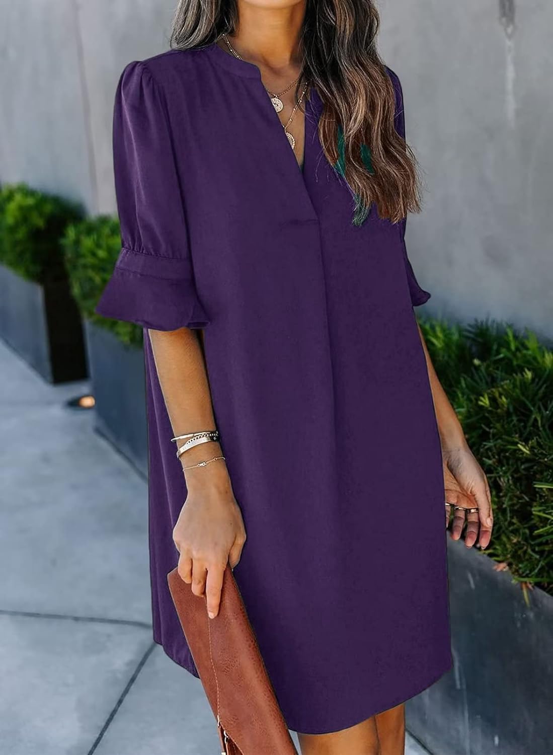 Wkior Shift Dress for Women V Neck Short Sleeves Solid Color Flowy Casual Summer Dresses(S-2XL)