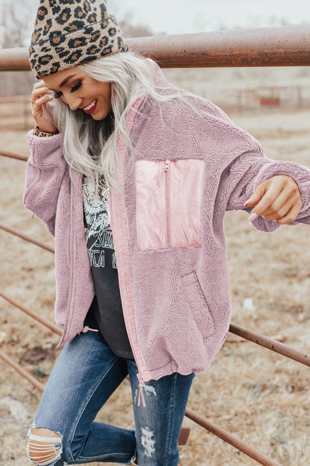 Blue Black Zip Up Sherpa Coat with Pocket