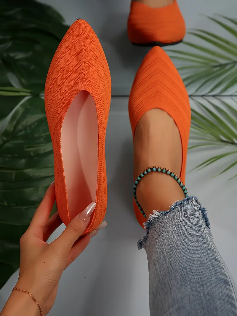 womens pointed toe flat shoes solid color knitted slip on shoes casual breathable ballet flats details 37