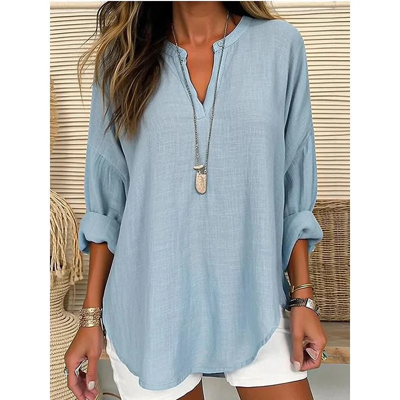 Women's Shirt  Long Sleeve Casual Basic V Neck Linen-🔥Buy 3 Get Free shipping🔥