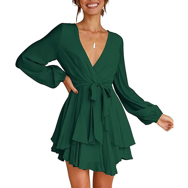 🔥V-Neck Waist Tie Ruffle Mini Swing Skater Dresses❤️Buy 2 Free Shipping