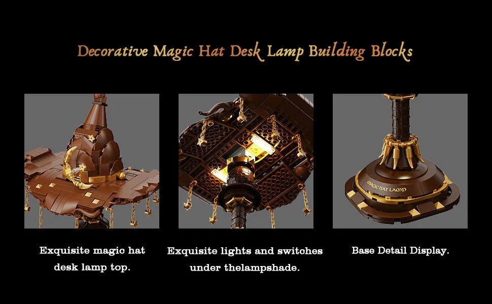 Fantasy magic hat lamp building set displayed on a wooden desk with books.