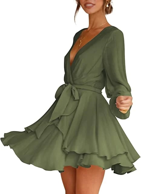 🔥V-Neck Waist Tie Ruffle Mini Swing Skater Dresses❤️Buy 2 Free Shipping