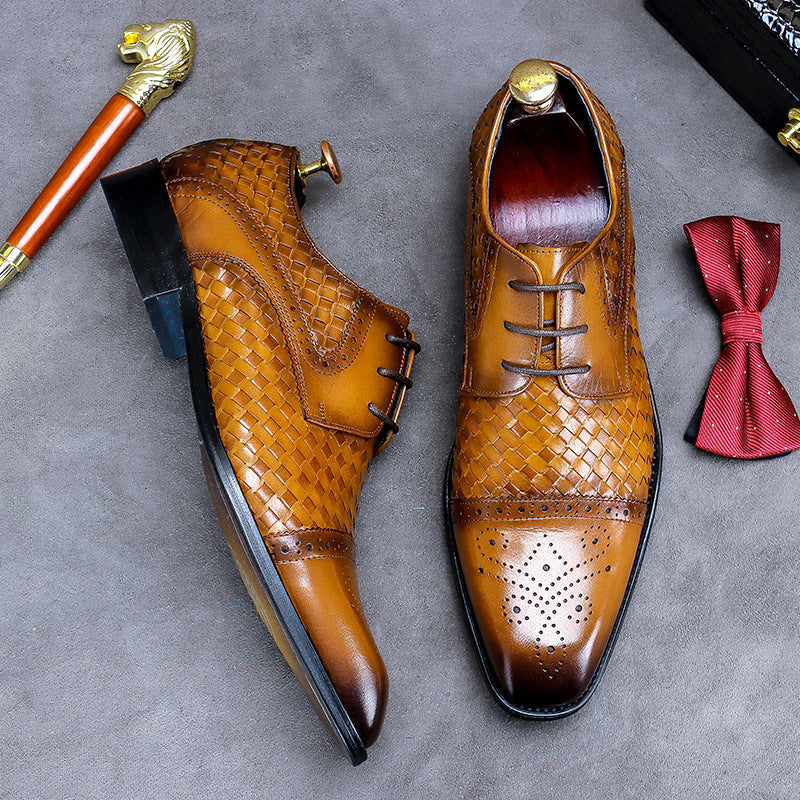 2022 Men's Leather Business Casual Woven Design Trendy Dress Shoes-Zittor