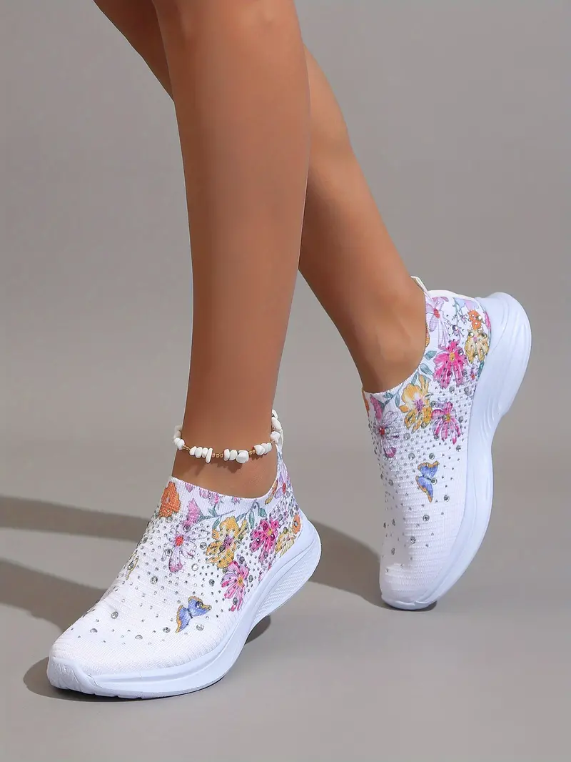 Women s Rhinestone Decor Sneakers Floral Butterfly Print details 1