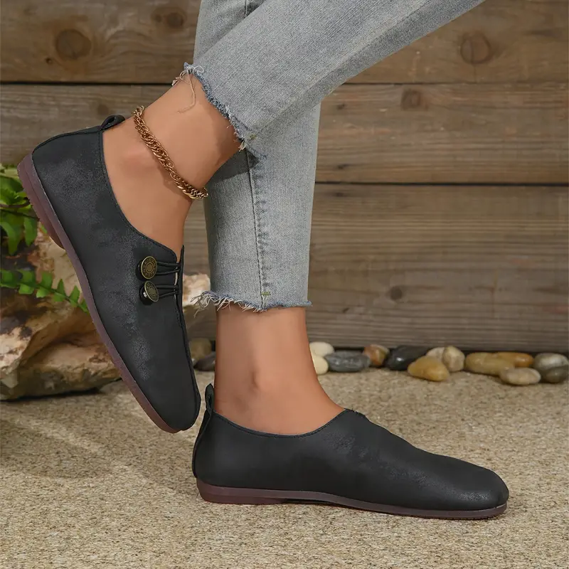 womens soft sole round toe buckle decoration solid color casual single shoes details 8
