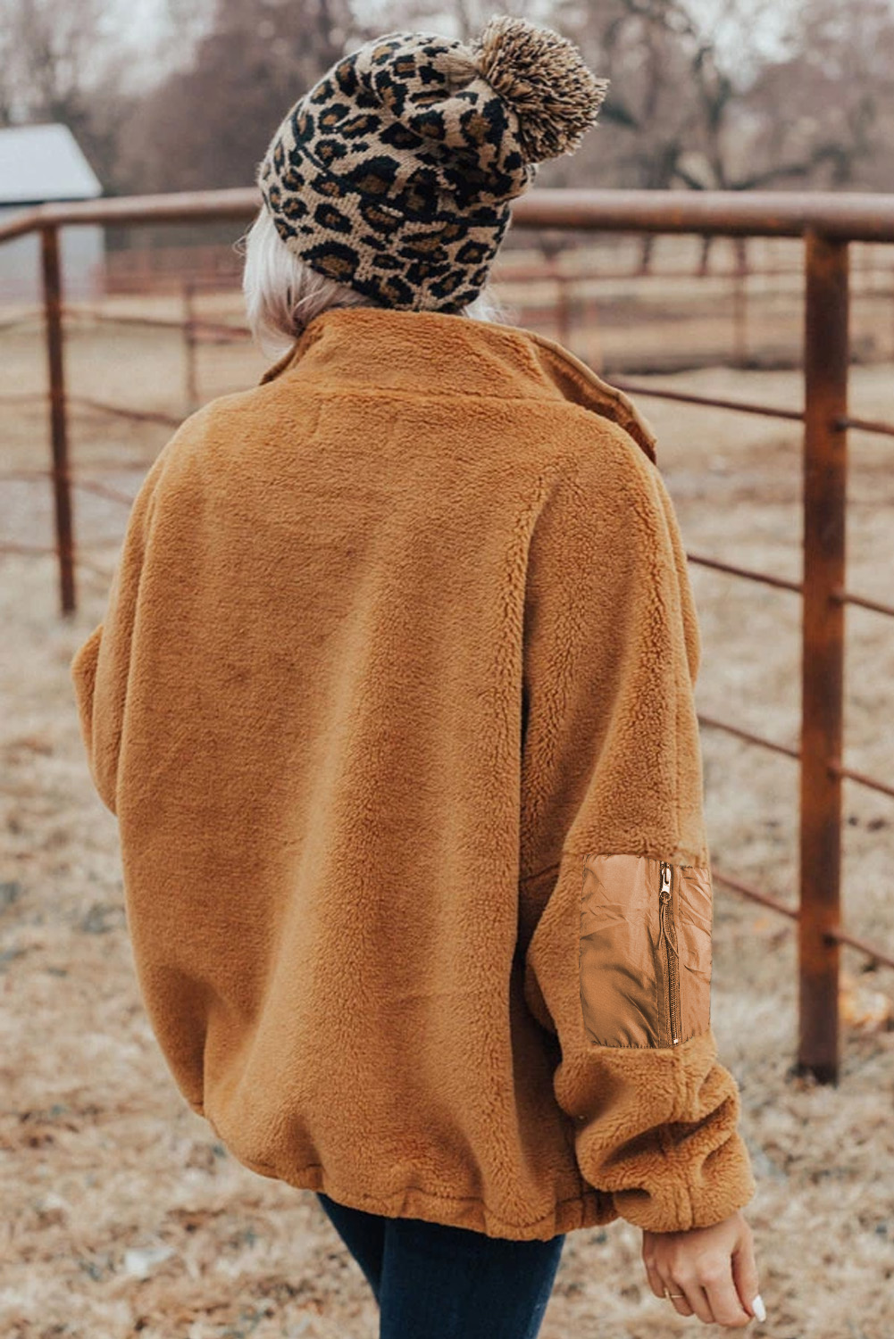 Blue Black Zip Up Sherpa Coat with Pocket
