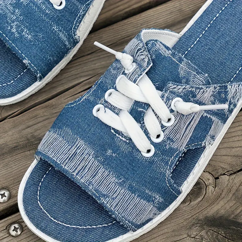 denim canvas sandals distressed cut style casual summer slip details 4