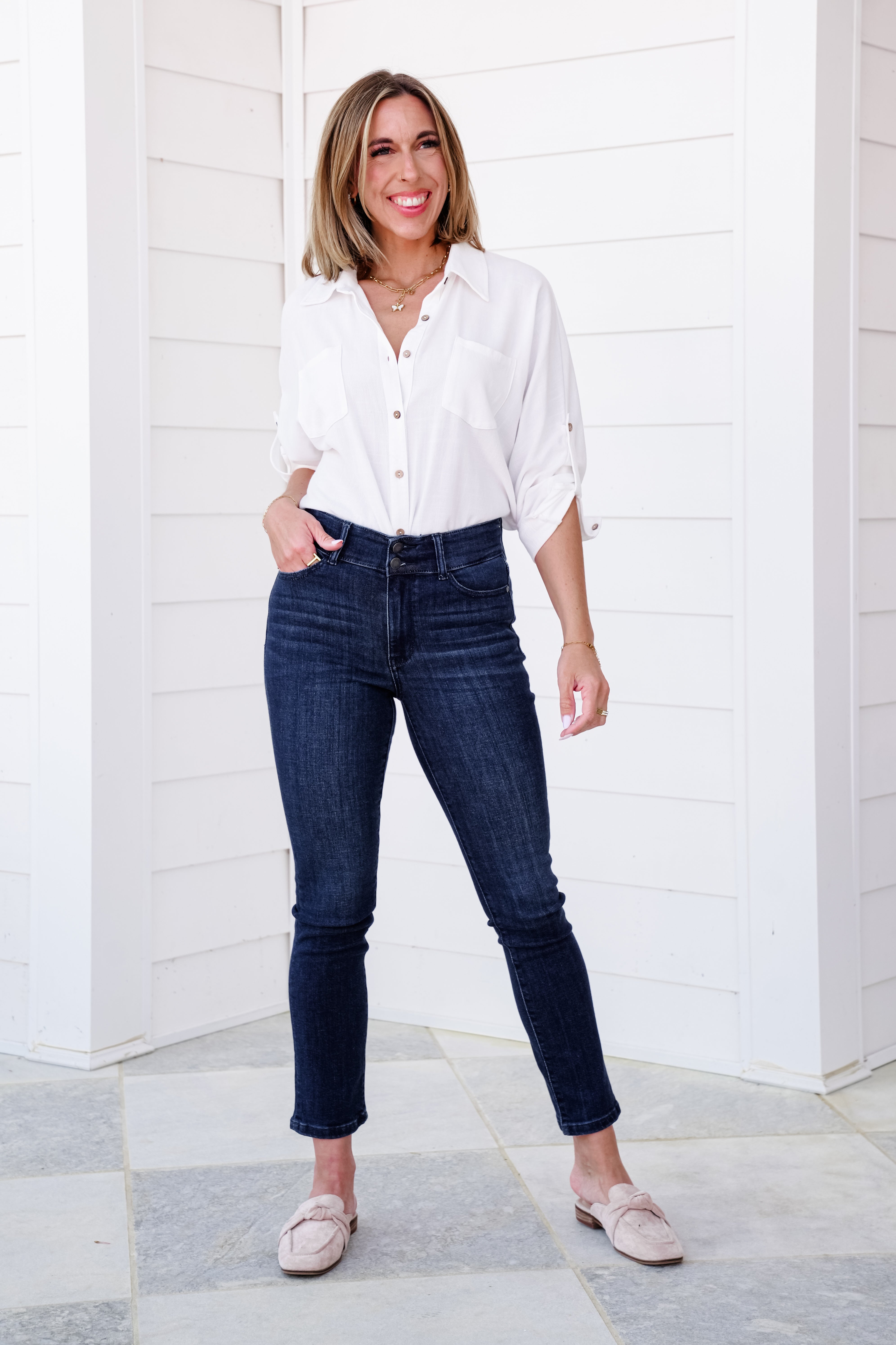 High Rise Dark Wash Double Waist Band Capri