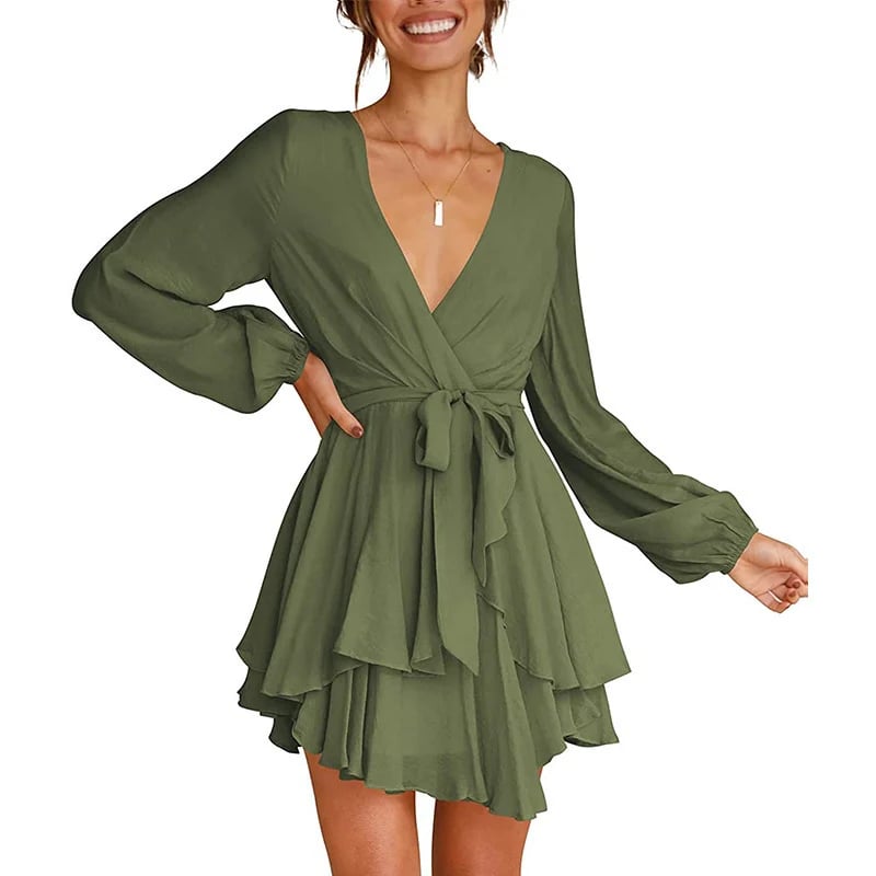 🔥V-Neck Waist Tie Ruffle Mini Swing Skater Dresses❤️Buy 2 Free Shipping