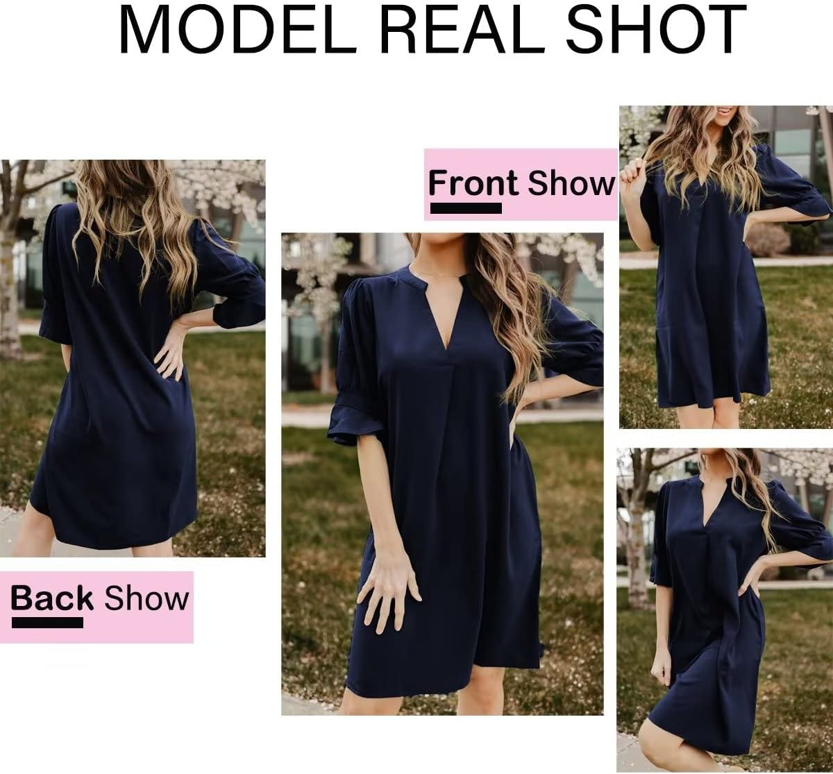 Wkior Shift Dress for Women V Neck Short Sleeves Solid Color Flowy Casual Summer Dresses(S-2XL)