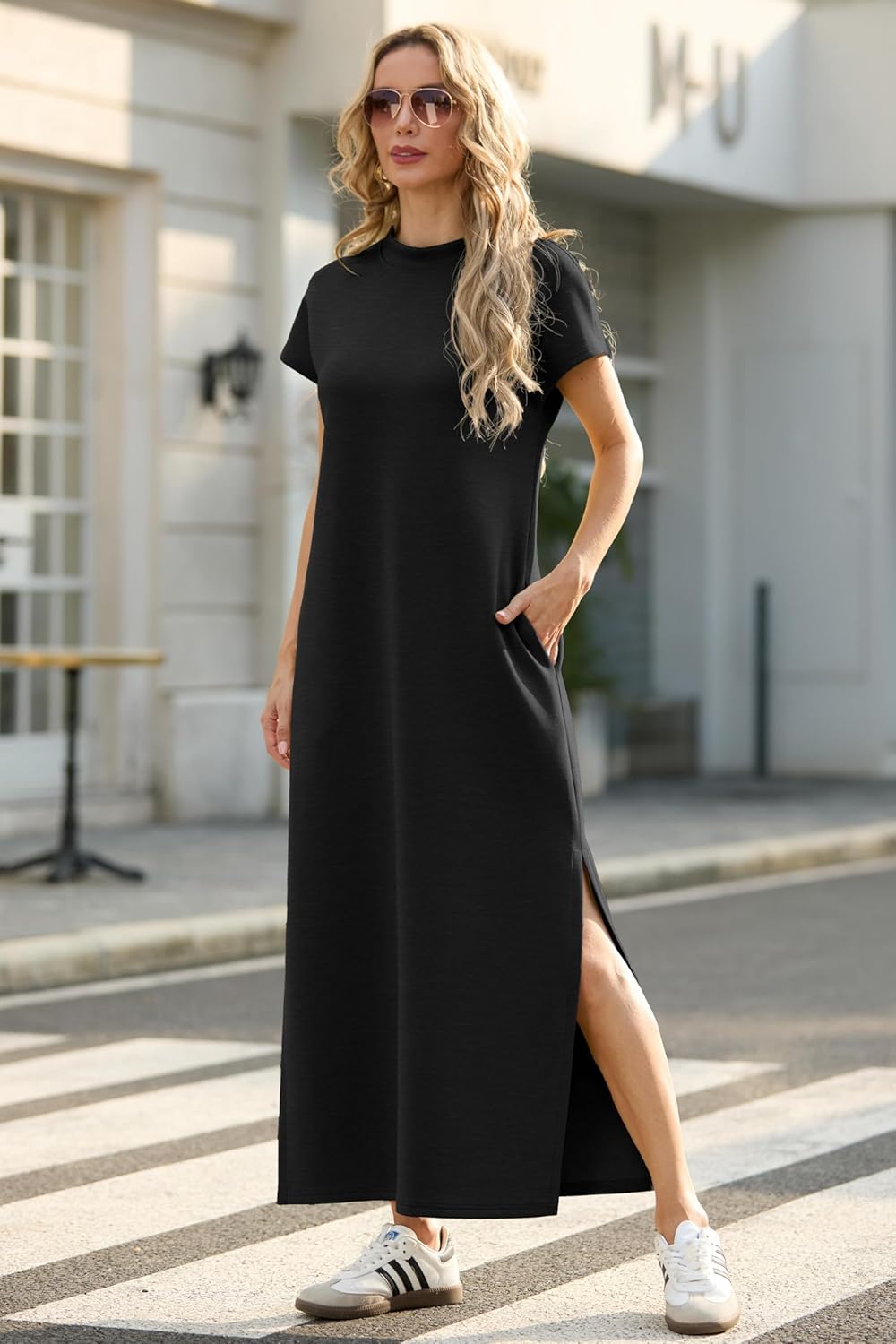 Women Casual Loose Split Wrinkle-Free Long Maxi Dress with Pockets