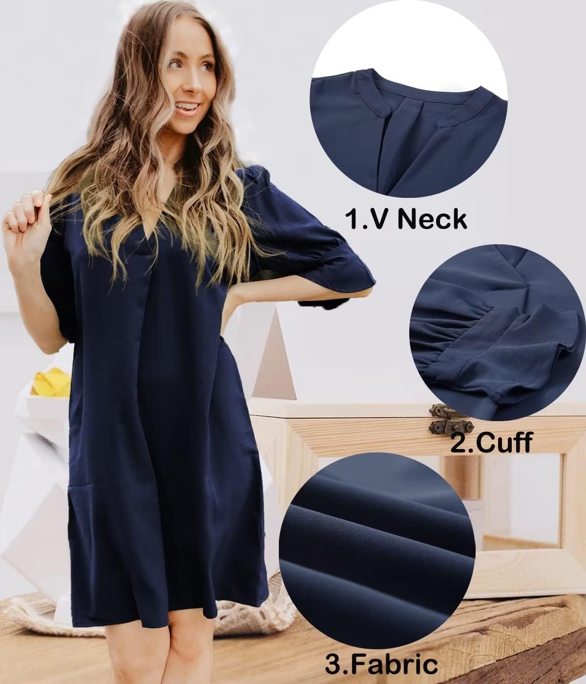 Wkior Shift Dress for Women V Neck Short Sleeves Solid Color Flowy Casual Summer Dresses(S-2XL)