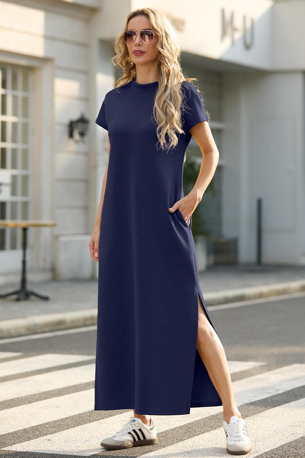 Women Casual Loose Split Wrinkle-Free Long Maxi Dress with Pockets