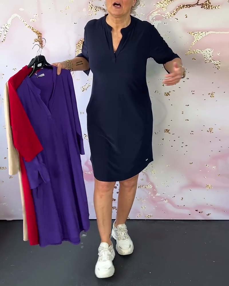 SOLID COLOR DRESS WITH V-NECK