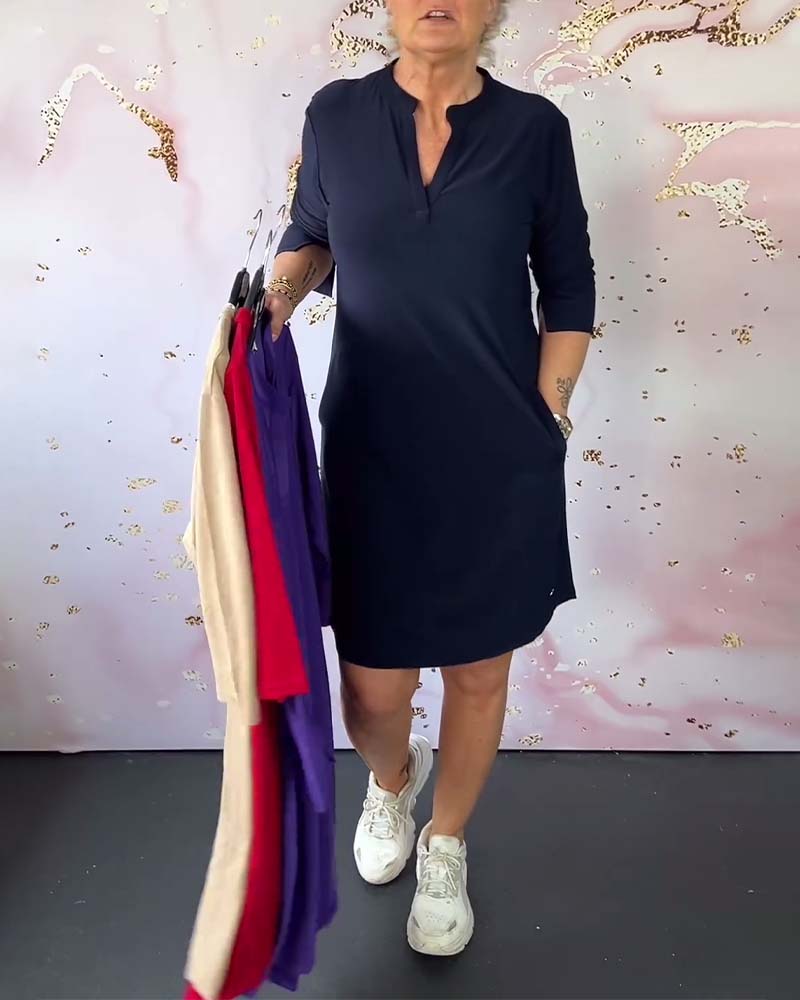 SOLID COLOR DRESS WITH V-NECK
