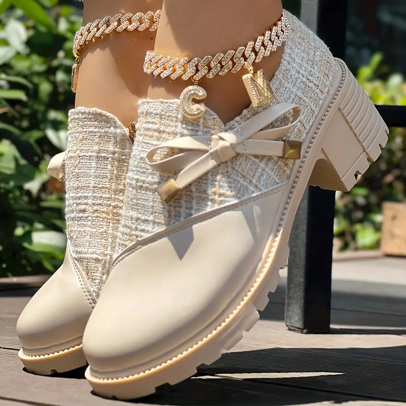 womens elegant colorblock shoes bowknot decor side zipper comfy shoes chunky heel dress shoes details 7