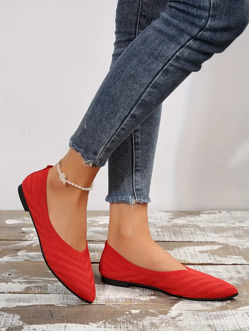 womens pointed toe flat shoes solid color knitted slip on shoes casual breathable ballet flats details 18